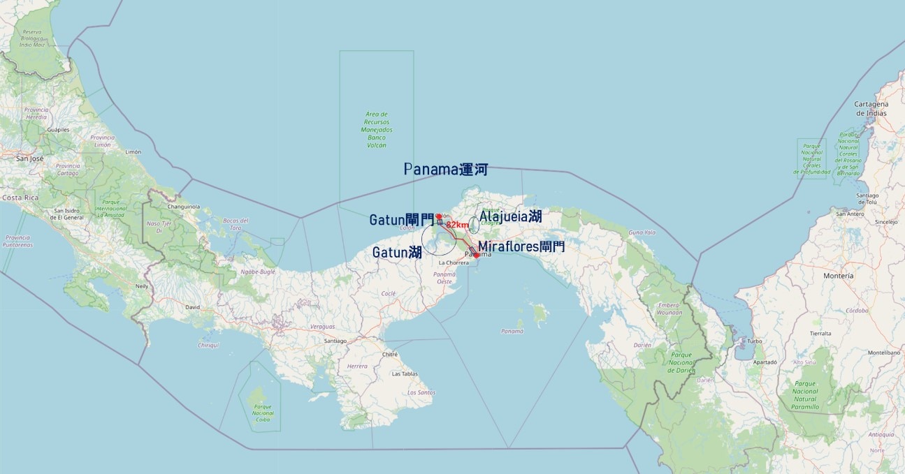 パナマ運河、Gatun湖、Alajueia湖の位置