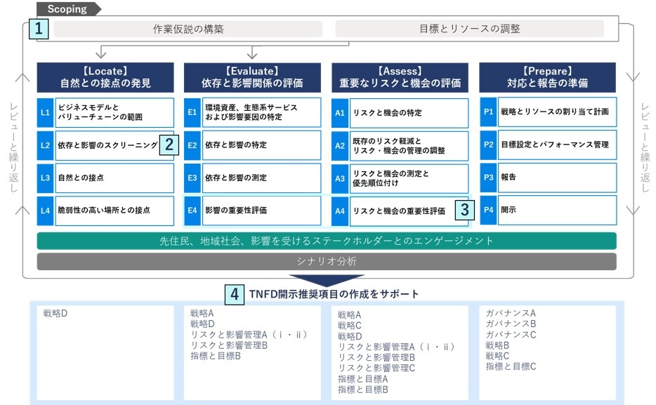 LEAPアプローチは、「作業仮説の構築」と「目標とリソースの調整」から成るScopingから始め、次いでLocateとEvaluateを行う
