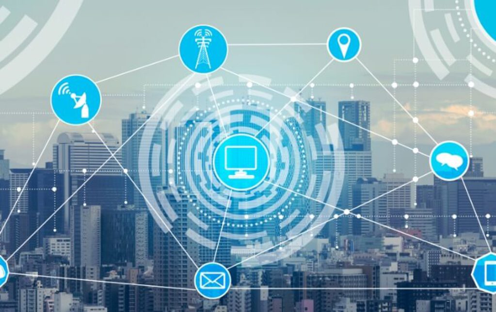 都市と通信インフラをつなぐITネットワークのイメージ