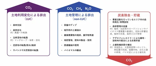 SBTi-FLAGの目標には、土地利用変化によるCO2排出量、土地管理によるGHG排出量、炭素除去・貯蔵によるCO2除去量を含める