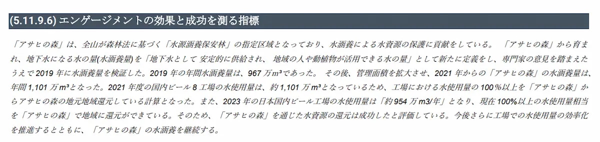 アサヒグループによるCDP2024への回答抜粋。水源涵養量をもって森林保全活動の成果を評価している