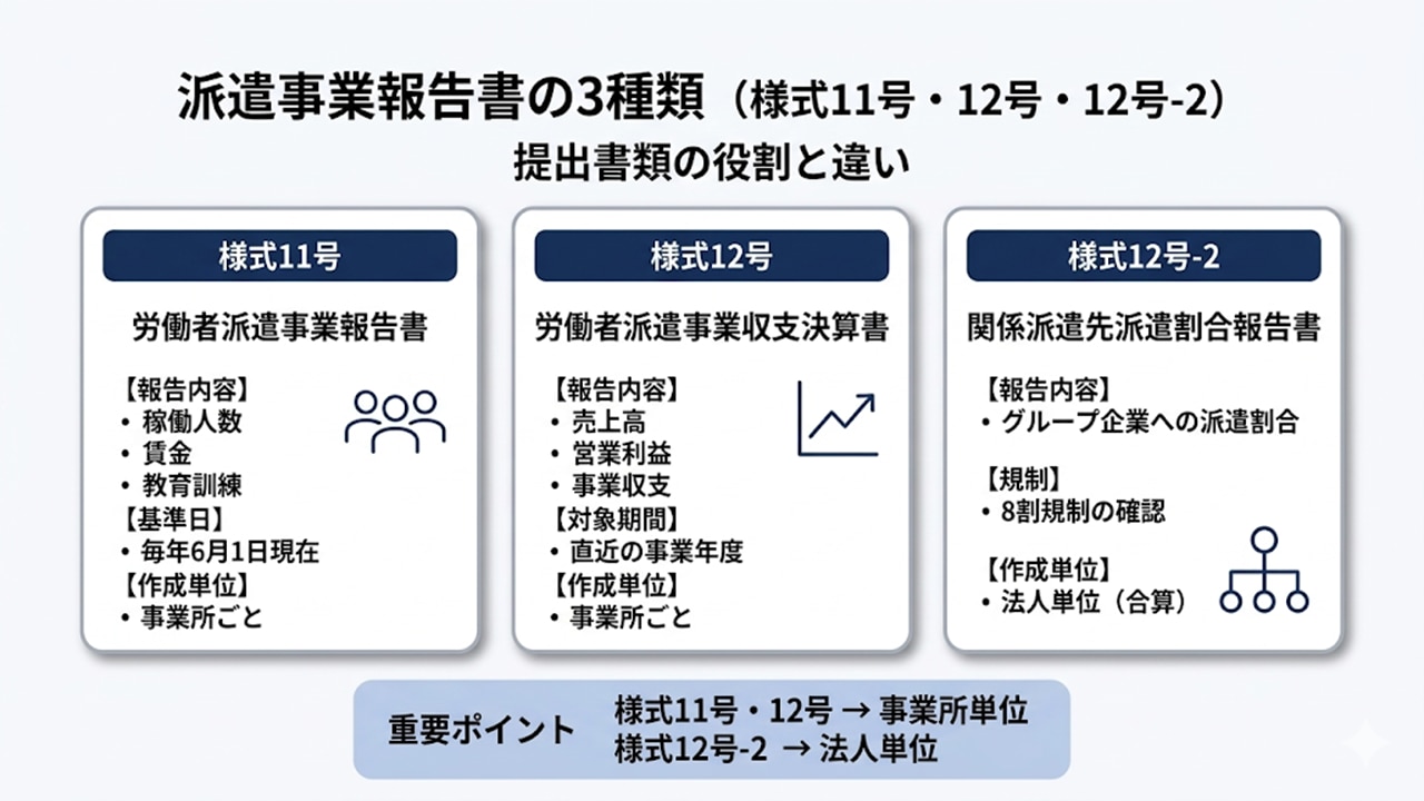 派遣事業報告書3種類（様式11号・12号・12号-2）の違い