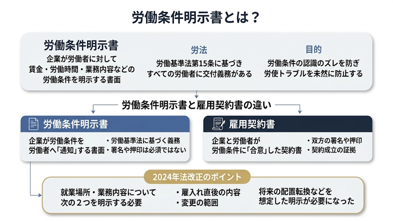 労働条件明示書と雇用契約書の違いと2024年改正ポイント図
