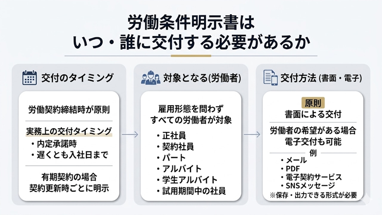 労働条件明示書の交付タイミングと対象労働者の整理図