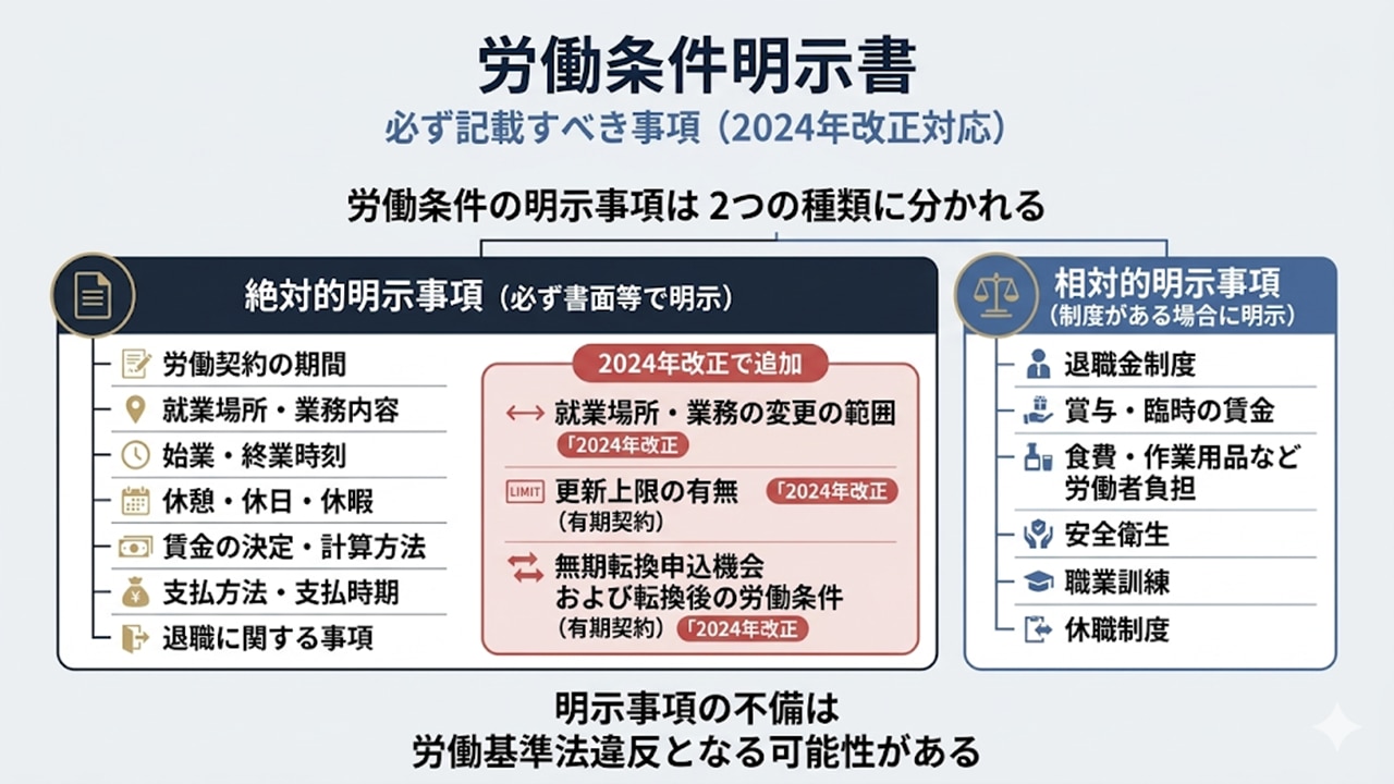 労働条件明示書の必須記載事項と2024年改正対応の一覧図