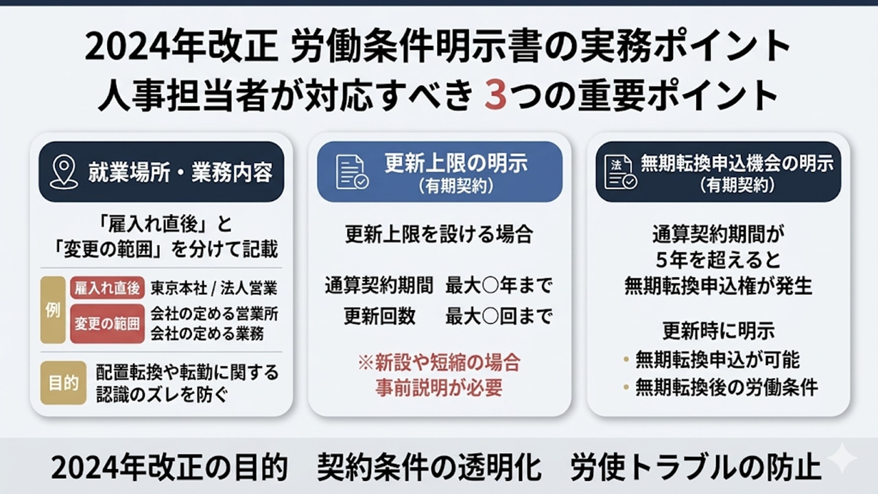 2024年改正における労働条件明示書の実務ポイント図