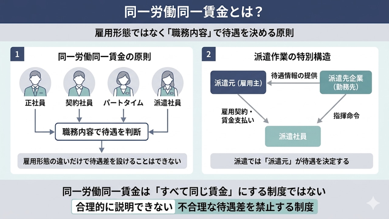 同一労働同一賃金の原則と、派遣では派遣元が待遇を決定する仕組みの図