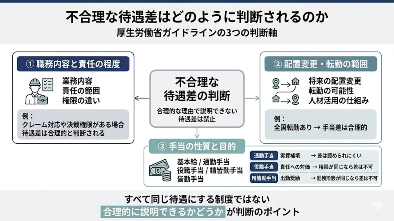 不合理な待遇差を判断する3つの基準（職務内容・配置変更・手当の性質）の図