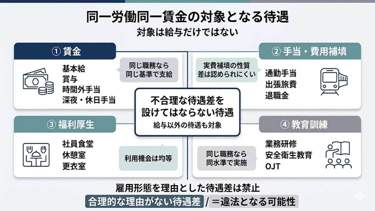 同一労働同一賃金の対象となる待遇（賃金・手当・福利厚生・教育訓練）の図