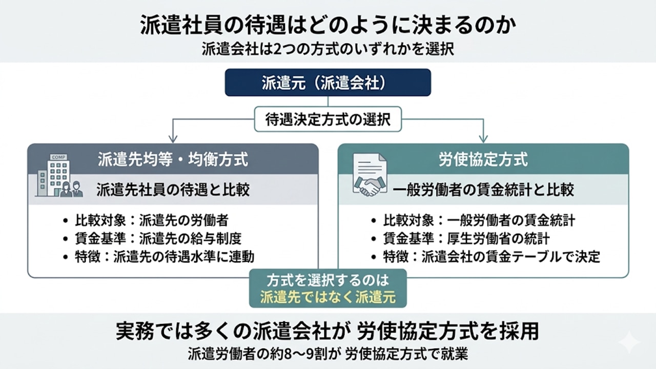 派遣社員の待遇を決める2つの方式（派遣先均等・均衡方式と労使協定方式）の比較図