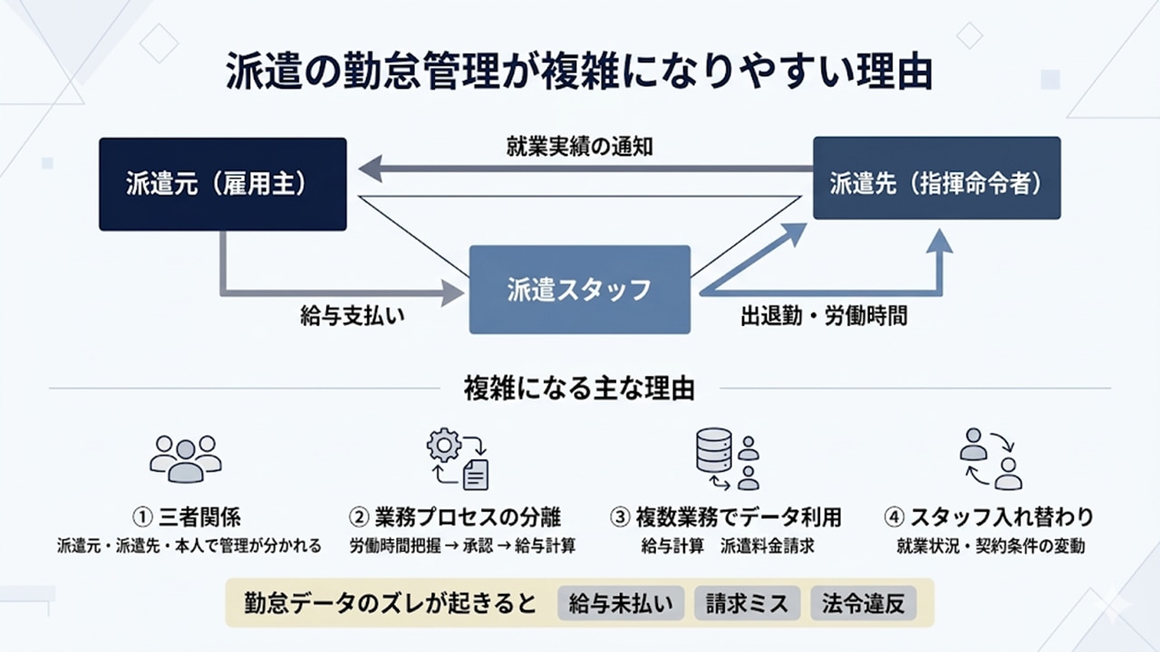 派遣の勤怠管理が複雑になる理由（三者関係と業務分離）
