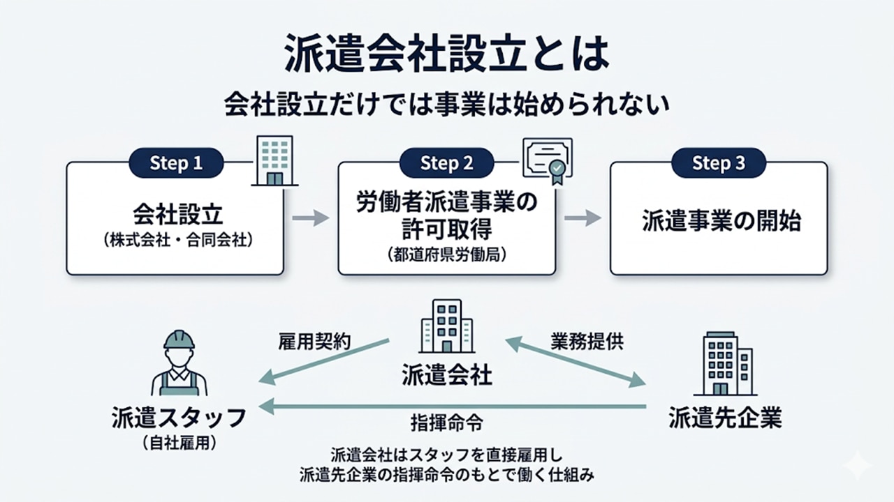 派遣会社設立の流れ（会社設立→派遣許可→事業開始）