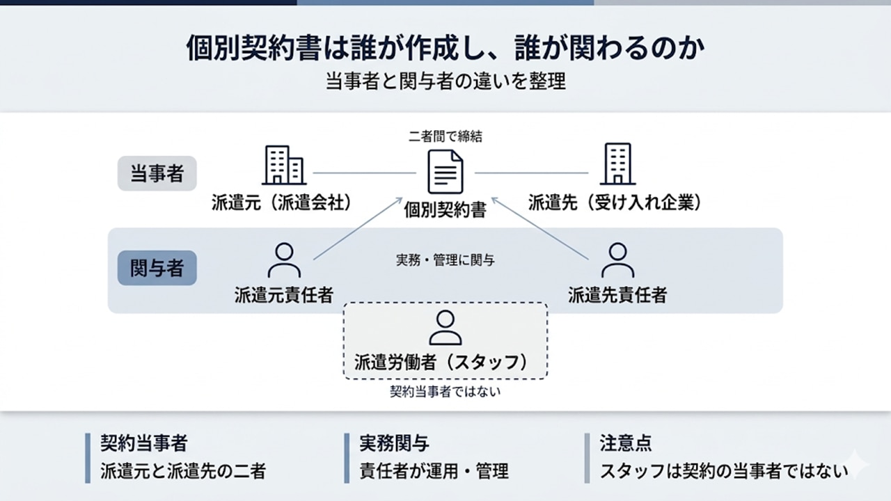 個別契約書の当事者と関与者（派遣元・派遣先・責任者）の関係図