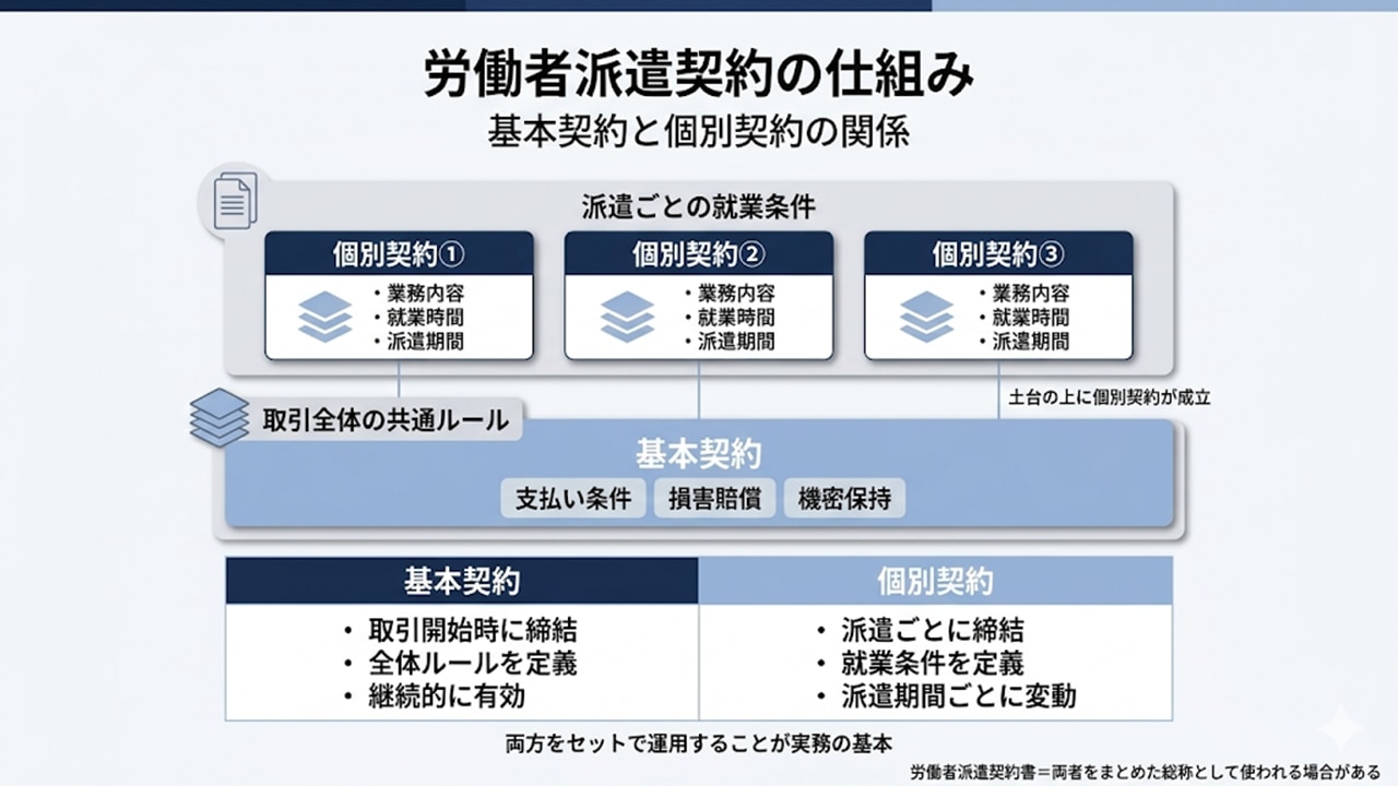 基本契約と個別契約の違いと関係を示した構造図