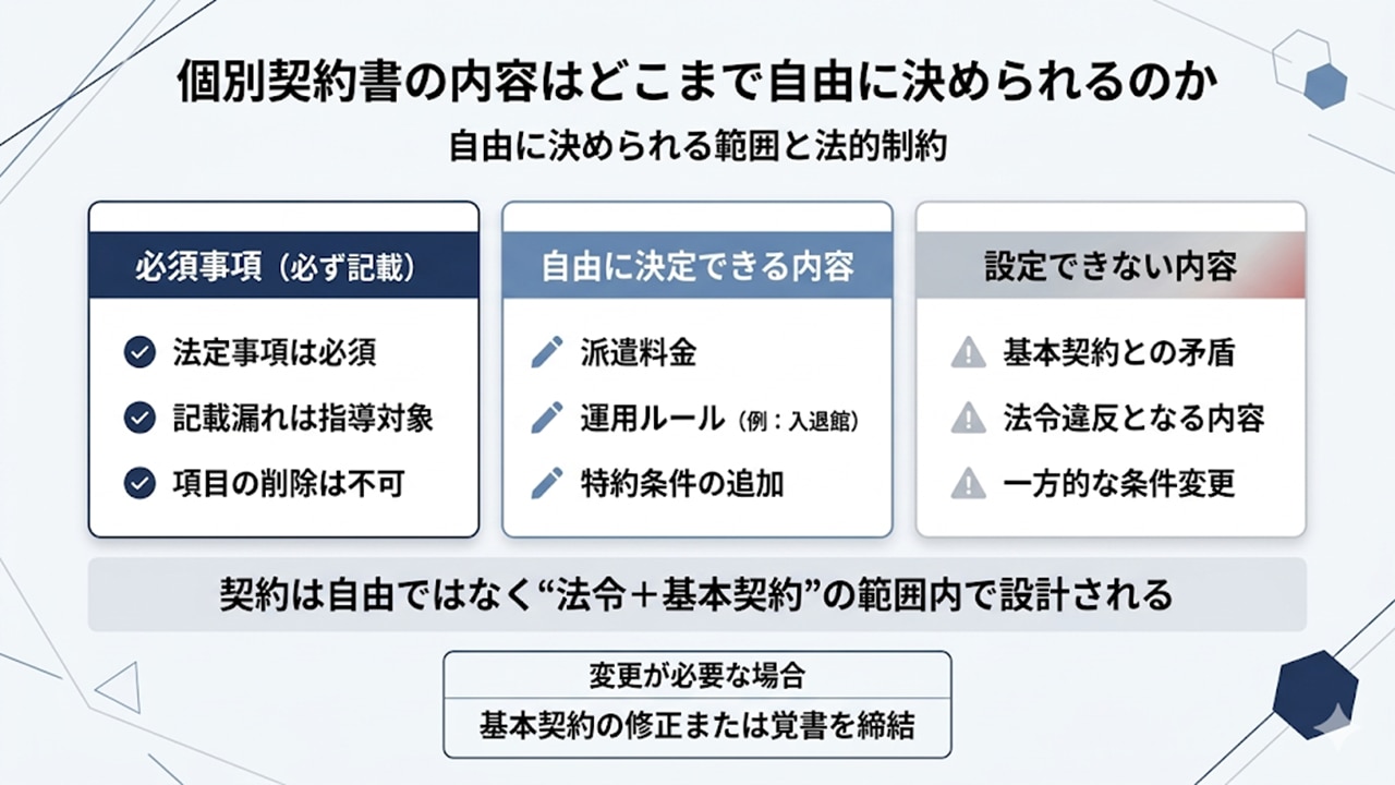 個別契約書の自由度と法的制約（OK・NG・必須）の整理図