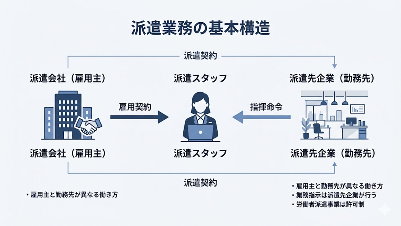 派遣業務の基本構造（雇用契約と指揮命令の関係図）