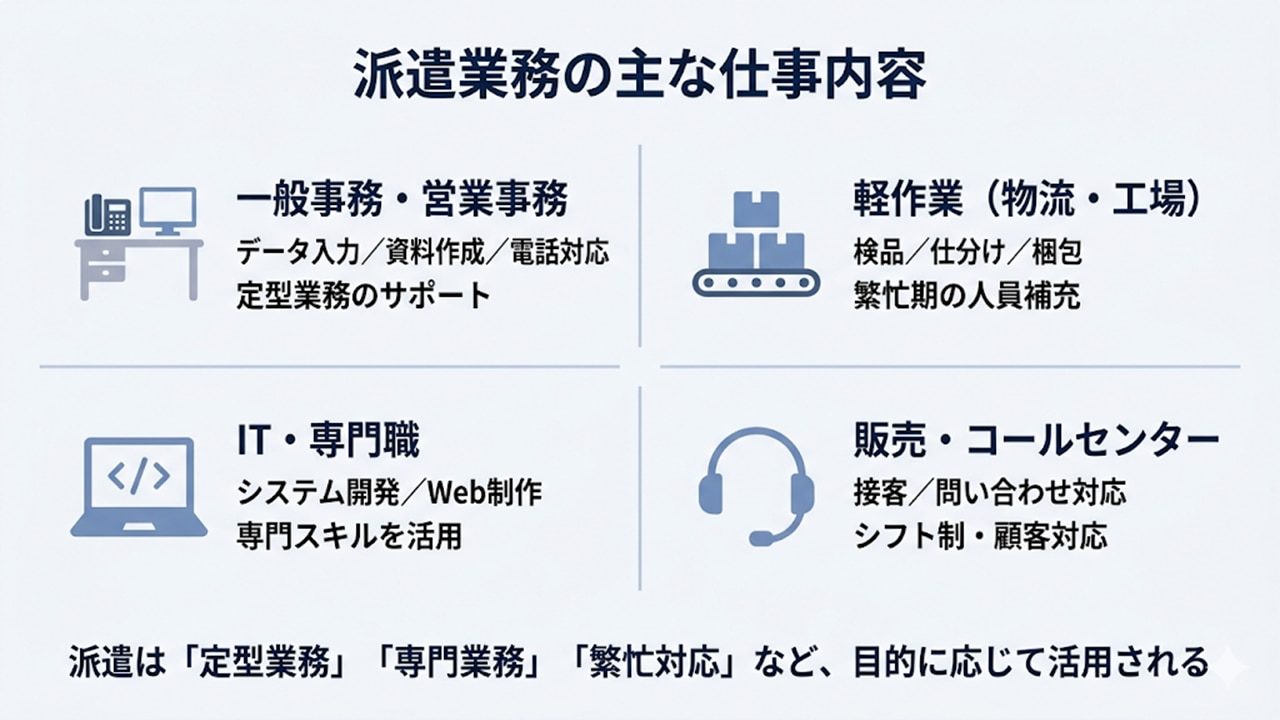 派遣業務の主な仕事内容（事務・軽作業・IT・販売）