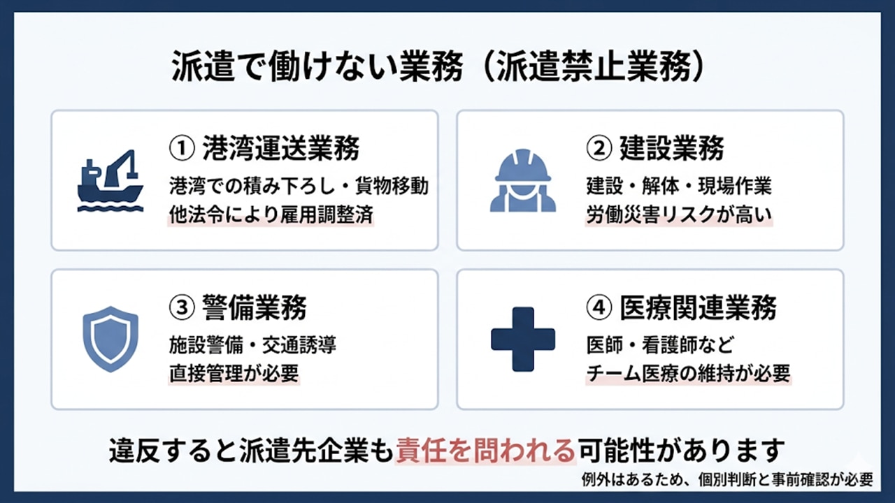 派遣禁止業務の一覧（港湾・建設・警備・医療）