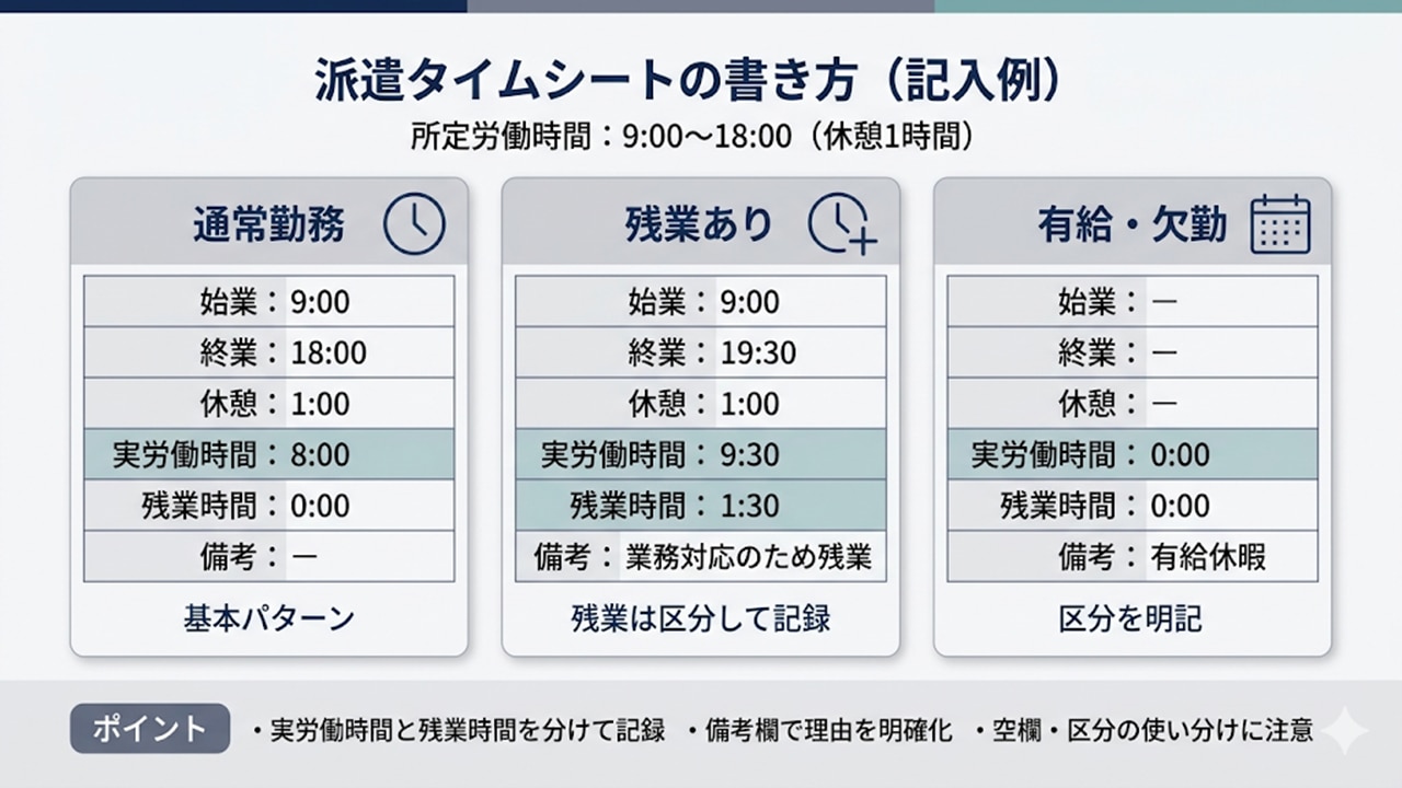 タイムシート記入例(通常・残業・有給)の比較図