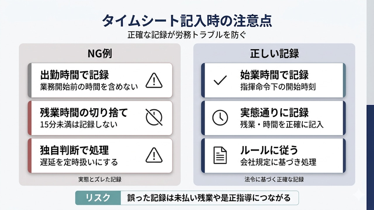 タイムシート記入時の注意点(NG例と正しい記録の対比)