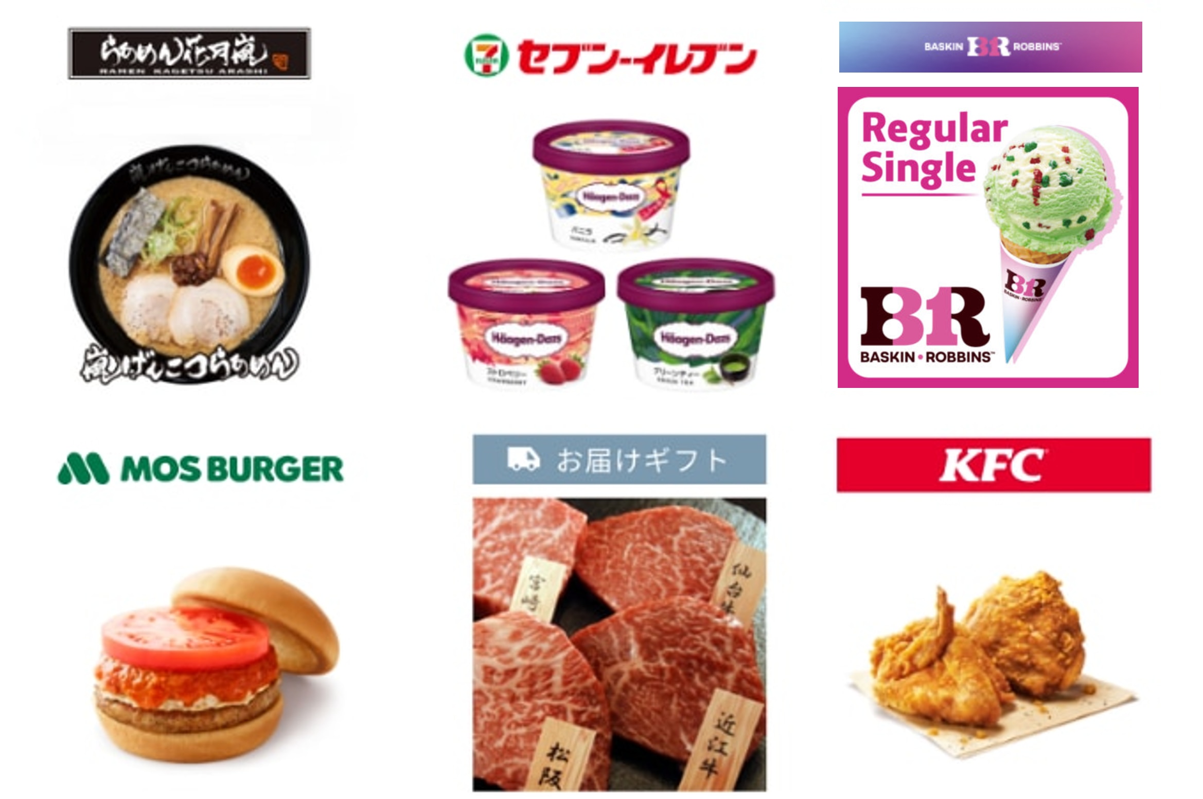 豊富なラインナップからユーザー自身が商品を選択可能。らあめん花月嵐、セブン-イレブンのハーゲンダッツ、サーティワン、モスバーガー、KFC、さらにお届けギフトの和牛などから選べるイメージ。