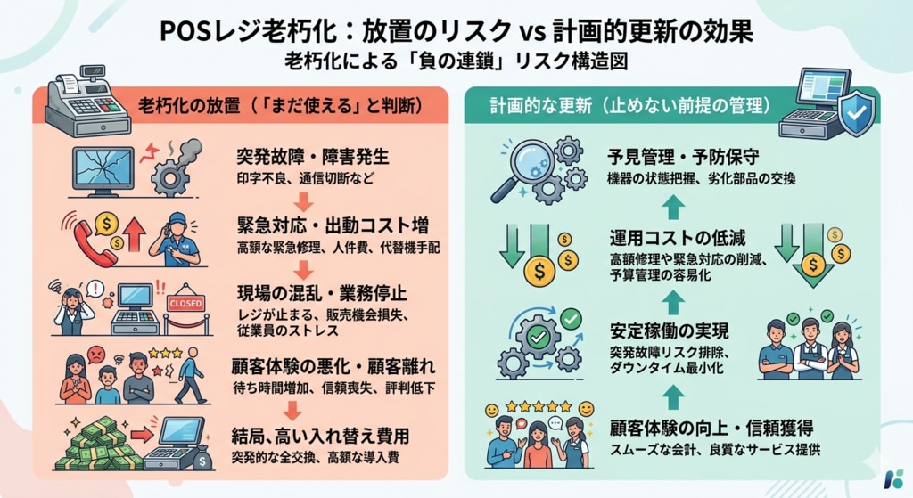 POSレジ老朽化によるリスクの負の連鎖と計画的更新によるメリットの対比図