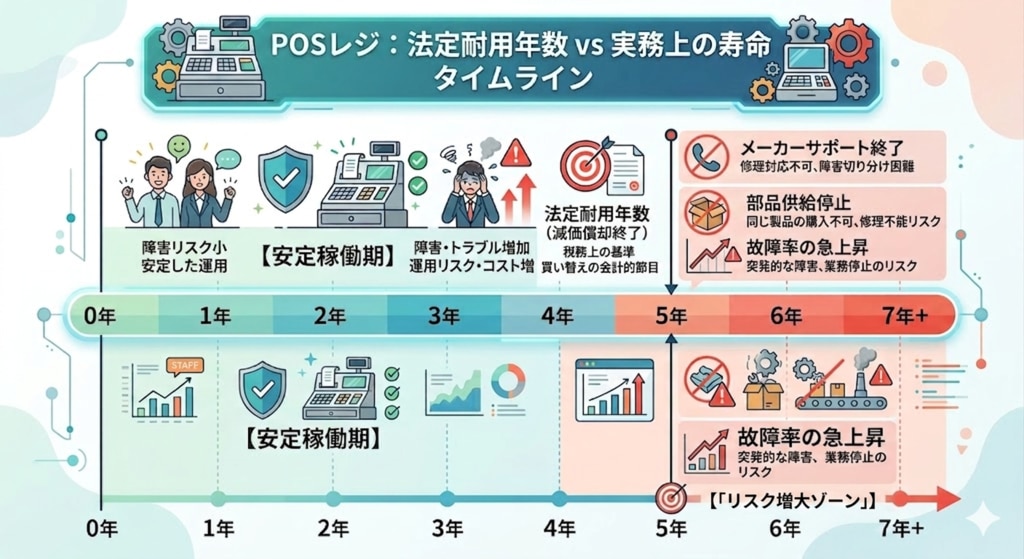 法定耐用年数 vs 実務上の寿命 タイムライン（5年間の節目とリスク増大ゾーンの比較）