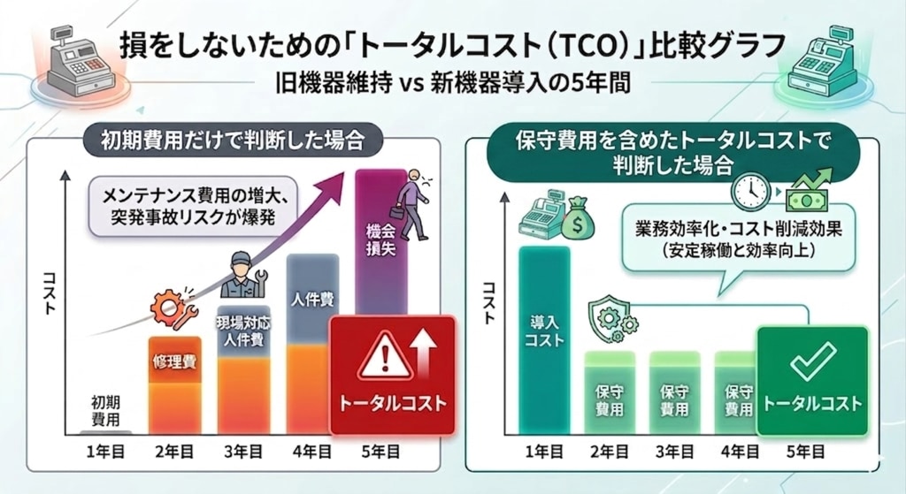 POSシステムトータルコスト（TCO）比較グラフ（初期費用のみvsトータルコスト）修理費、機会損失、業務効率化効果を含む