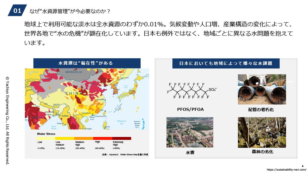 地球上で利用可能な淡水は全水資源のわずか0.01%。気候変動や人口増、産業構造の変化によって、世界各地で水の危機が顕在化しています。日本も例外ではなく、地域ごとに異なる水問題を抱えています。
