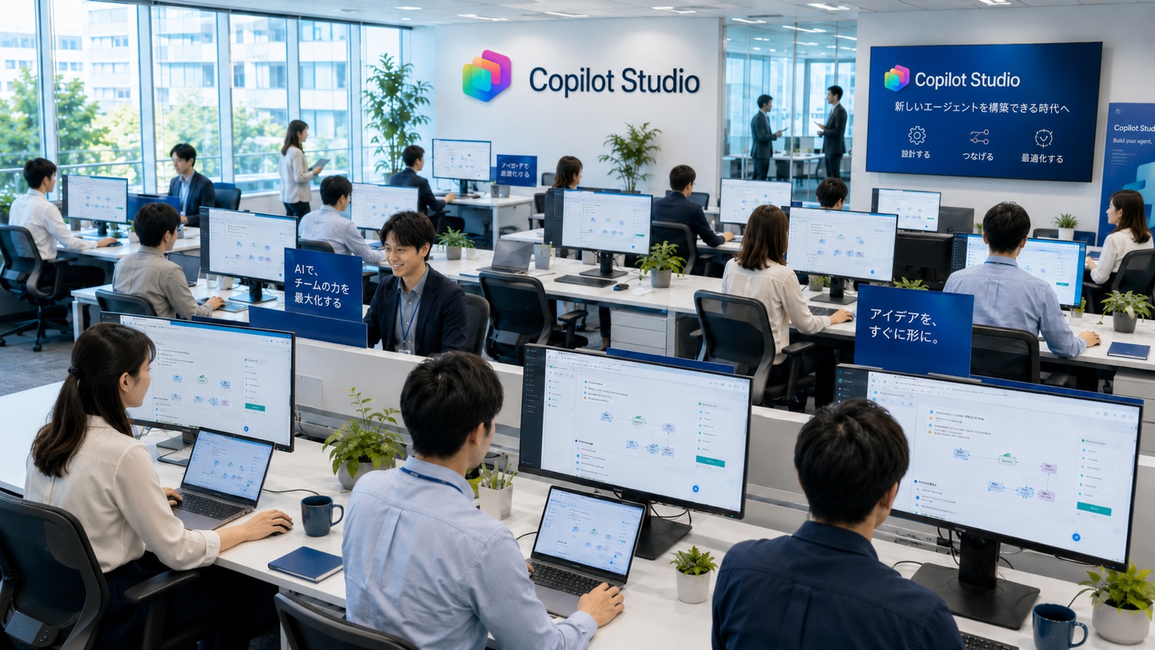 社員がAIエージェントを活用して業務を進めている様子