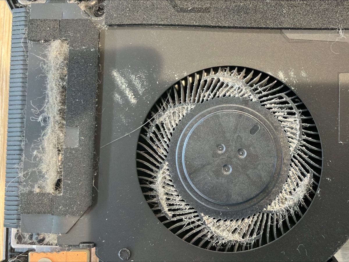 排気口を塞ぐように堆積したホコリ。これでは効率的な冷却が困難です。