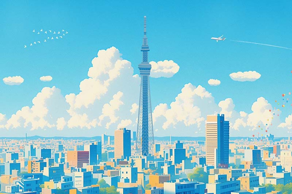 カラーイラストのスカイツリーの壁紙