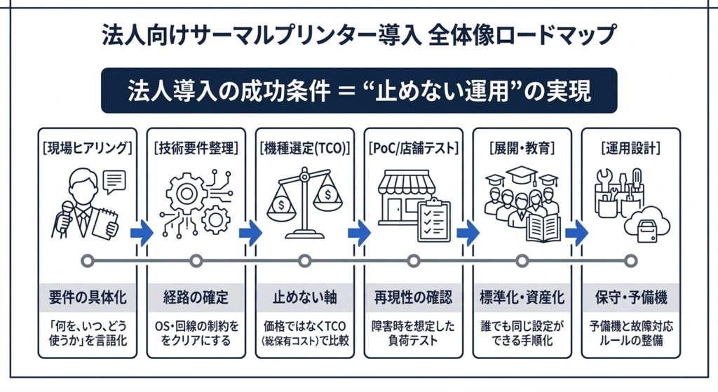 法人向け サーマルプリンター導入 6STEP(検討→運用)