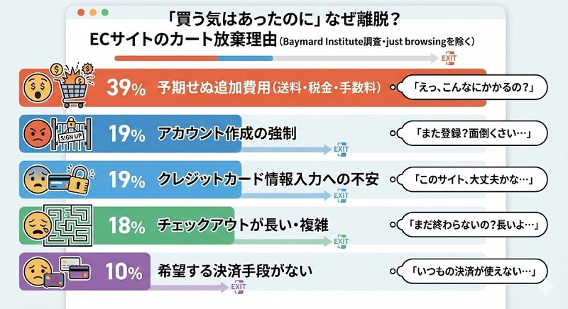 ECサイトのカート放棄理由(Baymard Instituteの調査、just browsing除く)