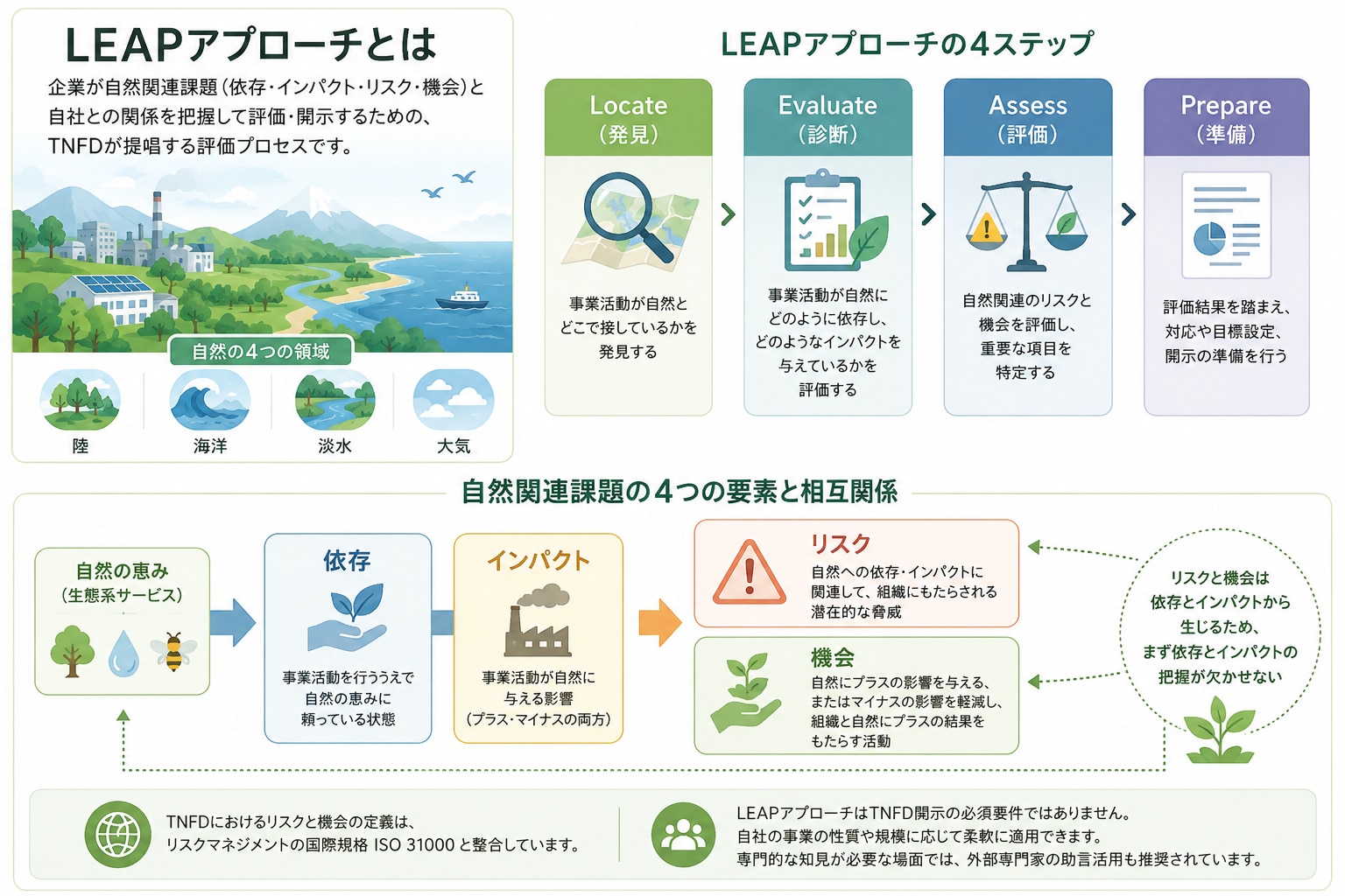 LEAPアプローチとは、企業が自然関連課題と自社との関係を把握して評価・開示するための、TNFDが提唱する評価プロセスです。