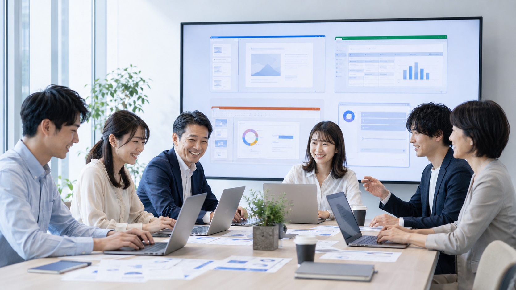 明るくモダンなオフィスで、多様な日本人ビジネスパーソンがノートPCを使い、Microsoft 365や生成AIツールを一緒に学んでいる様子