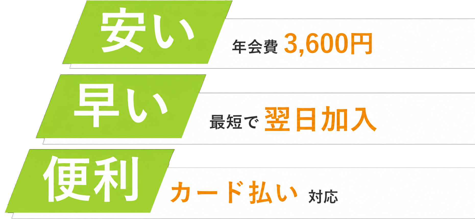 安い：年会費3,600円、早い：最短で翌日加入、便利：カード払い対応