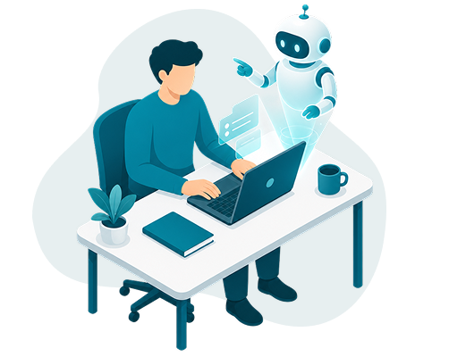 ノートパソコンを操作する男性のそばにAIロボットのホログラムが現れ、指を差して操作をサポートしている共同作業のイラスト