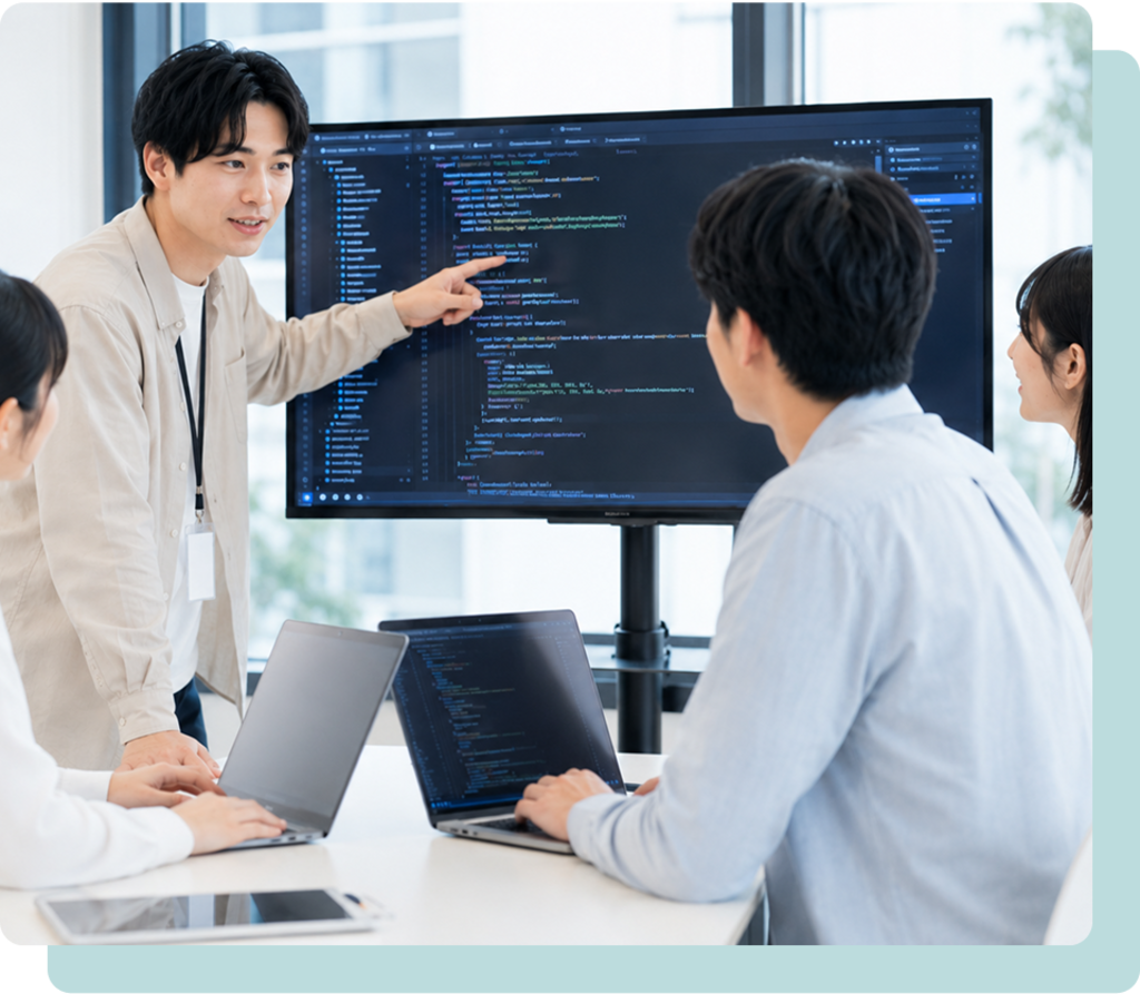 大画面モニターに表示されたプログラムコードを指差して説明する男性講師と、ノートPCを開いて話を聞く受講生たち