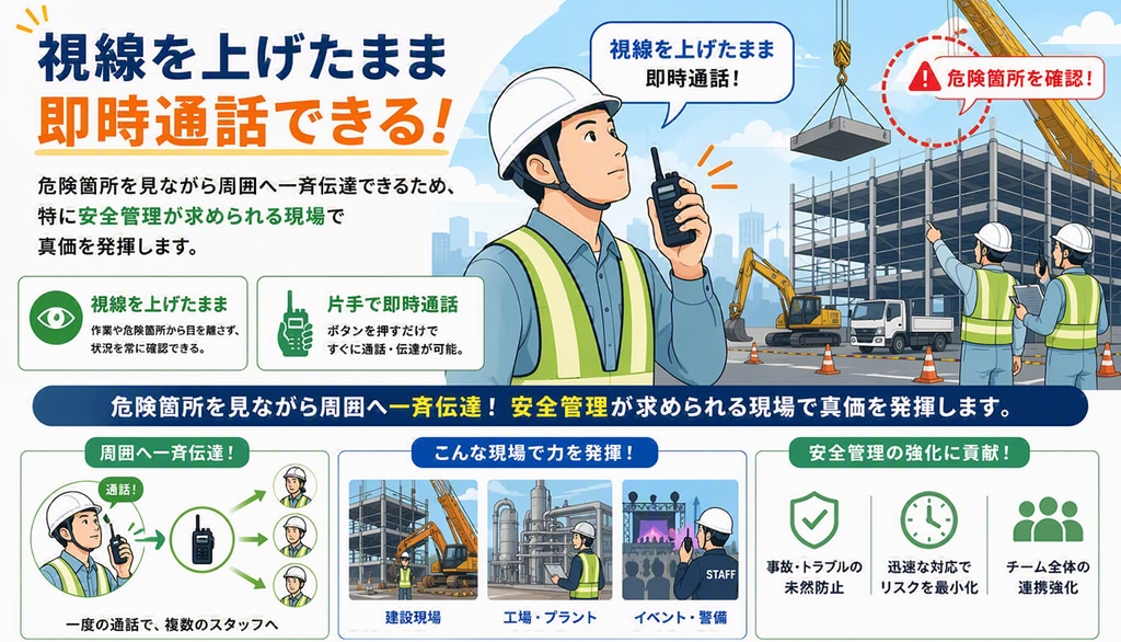 無線機は「視線を上げたまま即時通話できる」ので特に安全管理が求められる現場で真価を発揮します。