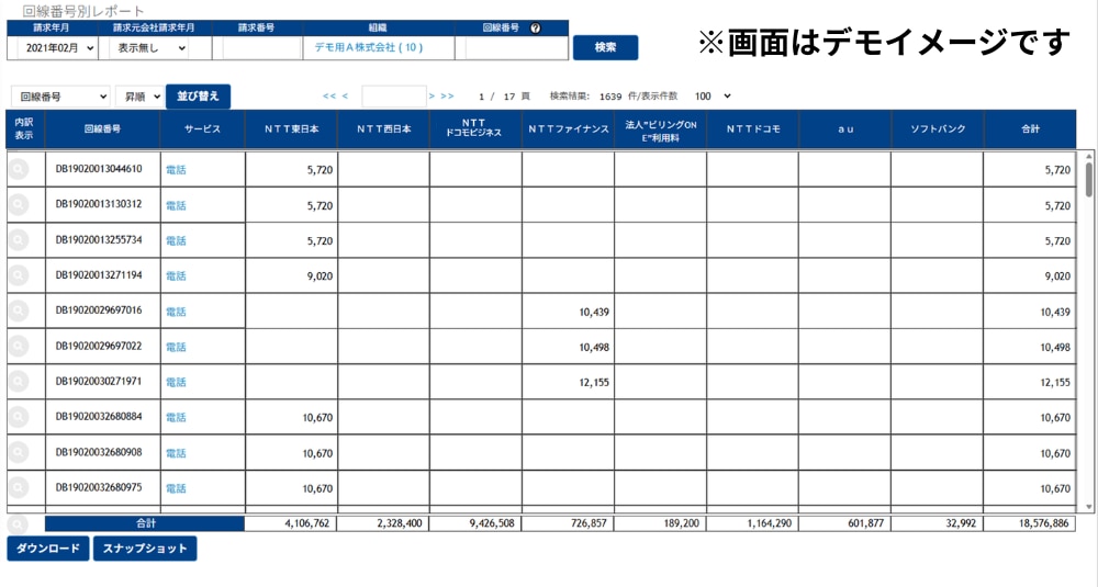 ▲回線番号別レポートのイメージ