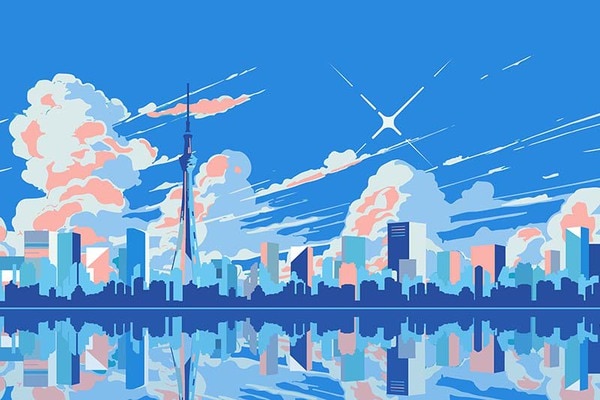 青いポップな東京のイラストの壁紙