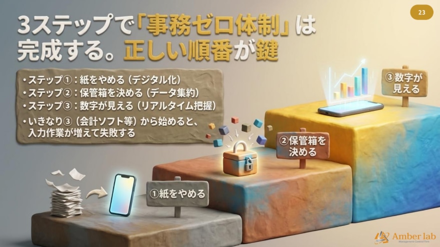 事務ゼロ体制3つのステップ
