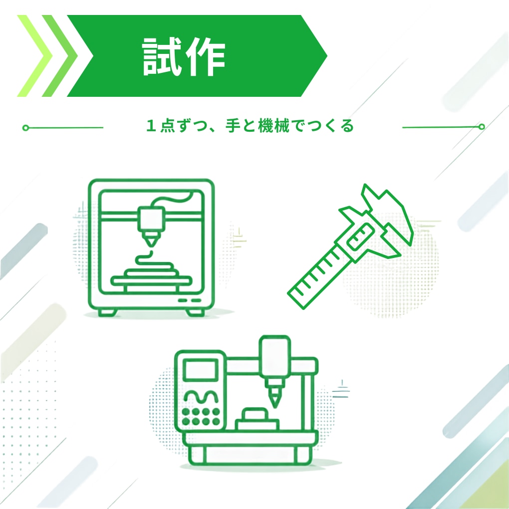 試作は１点づつ製作。機械は使いますが手作業も多い工法です。