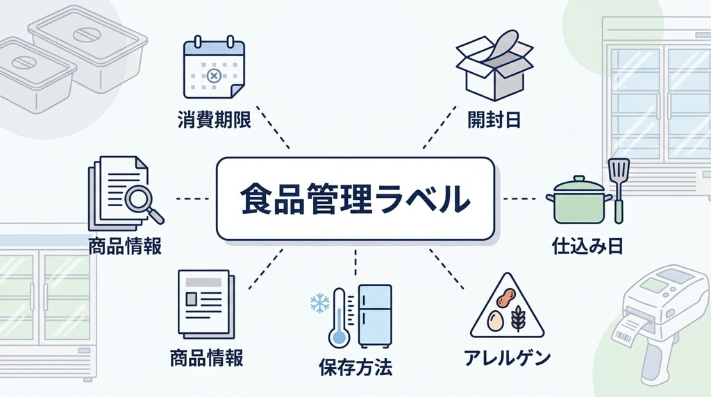飲食店の食品安全管理でラベル化すべき消費期限、開封日、仕込み日、アレルゲン情報、栄養成分情報の一覧図