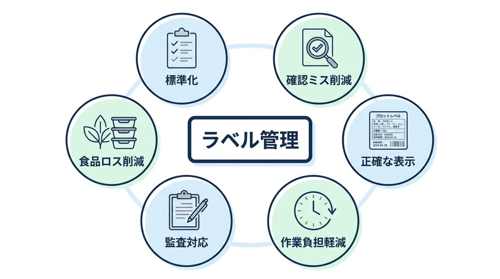 飲食店がラベル管理を導入するメリットとして管理ルールの統一、確認ミス削減、アレルゲン表示、作業負担軽減、監査対応、食品ロス削減を示した図