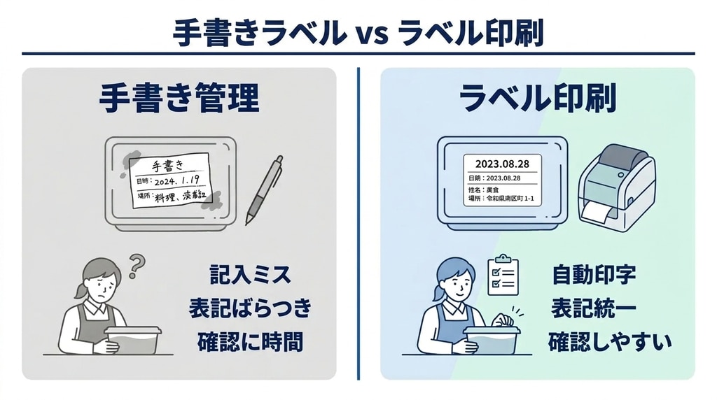 手書きラベルと印刷したラベルの比較