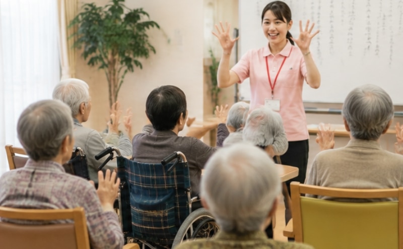 レクをする女性スタッフと利用者