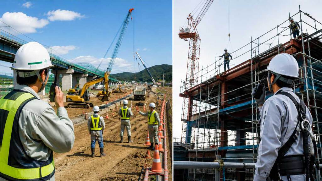 工事現場のトランシーバー使用シーン