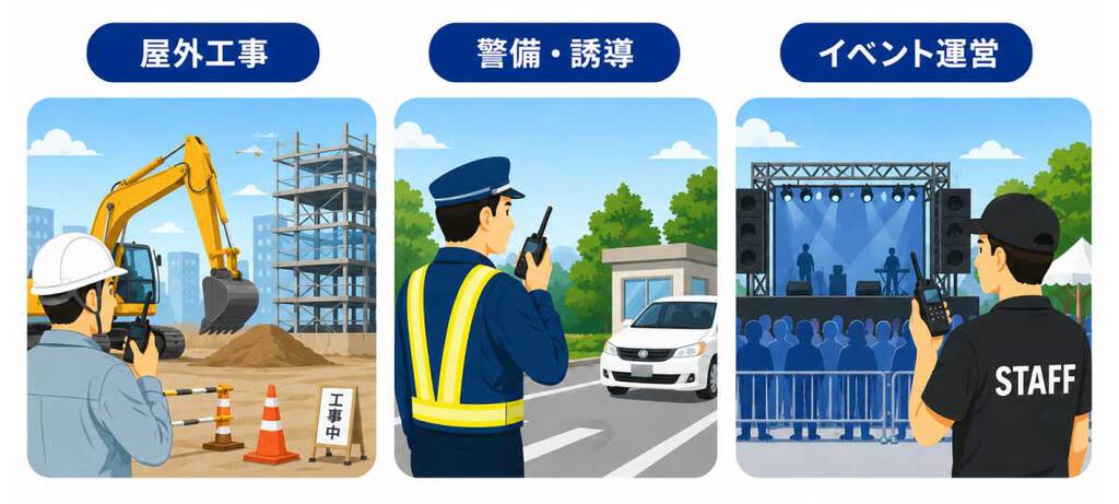 屋外工事、警備・誘導、イベント運営での使用シーン
